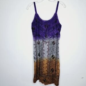 Vintage TAJ Purple Grey Mustard Ombre Embroidered Boho Dress